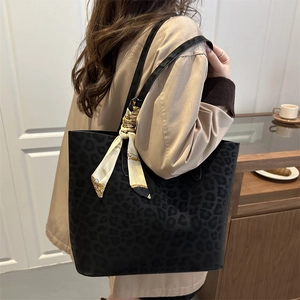 Leopard print faux suede tote bag with decorative scarf for women's commute