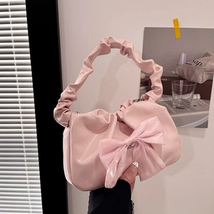 Sac à Main Doux en Cuir PU pour Femme Avec Grand Nœud en Satin Poignée à Volants Mode Sac Bandoulière Chaîne en Métal
