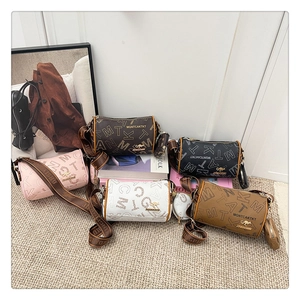 Detail of Boston bags in five colors with letter prints and mini round coin purses