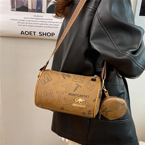 Brown leather cylinder boston bag with logo print and detachable round mini coin purse