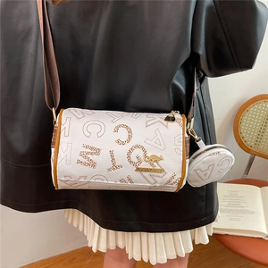 White Boston cylinder crossbody bag with letter print and detachable mini coin purse