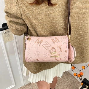 Pink Boston bag with letter print, golden kangaroo logo, and wide shoulder strap