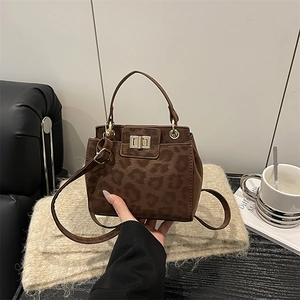 Leopard Print Synthetic Suede Handbag Shoulder Crossbody Bag With Metal Lock For Women Fashion Versatile Mini Square Bag