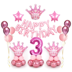 Set di palloncini rosa per 3° compleanno con corona e Happy Birthday in foil