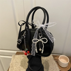 Borsa a Mano Vintage in Pelle Sintetica con Stampa Leopardata Con Ciondoli Ciliegia Perla Artificial Fiocco di Pizzo Borsa a Tracolla Per Donna Moda