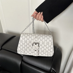 Fashion Women M Monogram Print Crossbody Bag Retro PU Leather Small Square Bag Chain Strap Buckle Flap Shoulder Bag