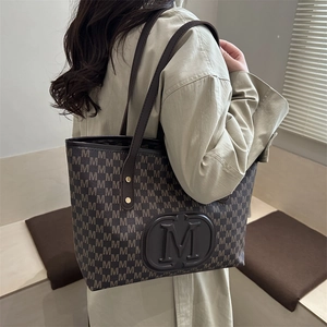 Classic large brown tote bag with vintage M-pattern jacquard and shoulder straps