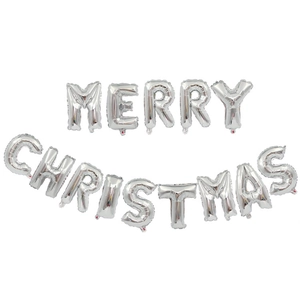 Silver foil balloon set with reflective metallic texture spelling MERRY CHRISTMAS