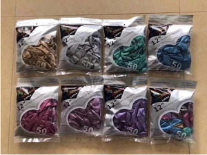 Detailed view of 8 packs of 12-inch metallic latex balloons in assorted glossy colors