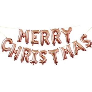 Rose gold foil balloons spelling MERRY CHRISTMAS with metallic reflective texture