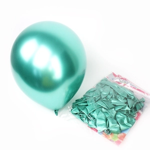 Detail of metallic Tiffany blue latex balloons with shiny chrome finish and pack
