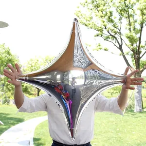 Silver four-pointed star foil balloon with metallic mirror finish for outdoor events