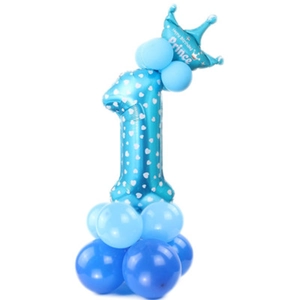 Colonna di palloncini blu numero 1 con corona d'oro per decorazione primo compleanno bimbo