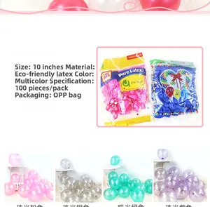 Detail showing 10-inch pearl latex balloons in diverse colors with packaging info