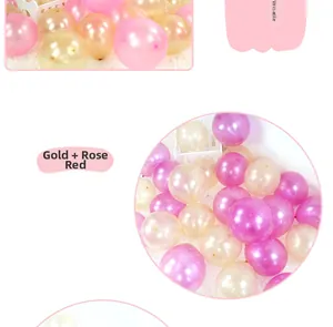 Detail of pearlescent latex balloons in gold and rose red for party arch decoration