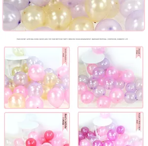 Macro detail of pearlescent latex balloon arch sets in gold pink and purple colors