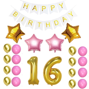 Pink and gold 16th birthday party decoration set with foil balloons and happy birthday banner