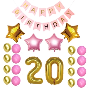 Pink and gold 20th birthday party decoration set with balloons and happy birthday banner