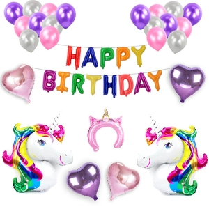Set palloncini compleanno unicorno con scritte arcobaleno e decorazioni a cuore