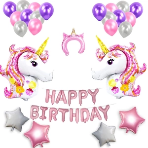 Kit compleanno unicorno con palloncini in alluminio e striscione Happy Birthday rosa
