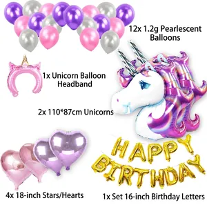 Set palloncini compleanno unicorno con teste giganti e scritta HAPPY BIRTHDAY dorata