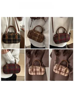 Detailed views of checkered wool crossbody bags shown with models for size perspective