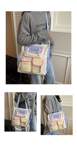 Detail of multi-pocket patchwork canvas crossbody bag with adjustable shoulder strap