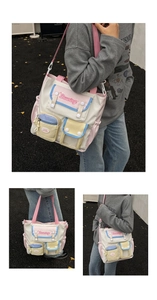 Close-up of a multi-pocket nylon tote bag in macaron pastel patchwork with functional zippers