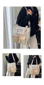 Detail of macaron color-block nylon tote bag with multiple pockets and adjustable strap