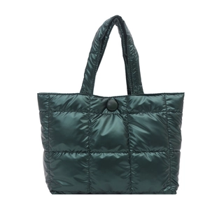 Deep green quilted puffer tote bag with metallic finish and button closure for women