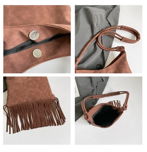 Vue détaillée du sac cabas en suédine marron avec franges et fermoir magnétique chic