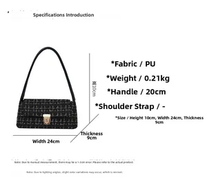 Detailed size chart for the woven tweed underarm bag with PU leather handle and gold buckle