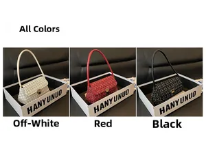 Detailed comparison of woven underarm bags in off-white, red, and black with metal clasps