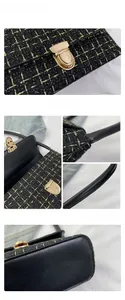 Detailed close-up of the gold clasp and textured tweed fabric of the women's handbag