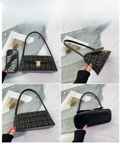 Detailed views of a black tweed underarm bag with gold metal buckle and long strap