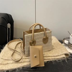 Retro Straw Woven Small Square Crossbody Bag For Women Synthetic Leather Trim Shoulder Bag With Mini Pouch Handbag