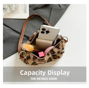 Leopard print plush bag interior showing storage for phone, lipstick, and cosmetics