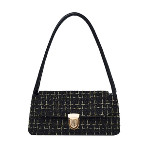 Sac à épaule élégant en tweed noir et doré avec un fermoir en métal et bandoulière