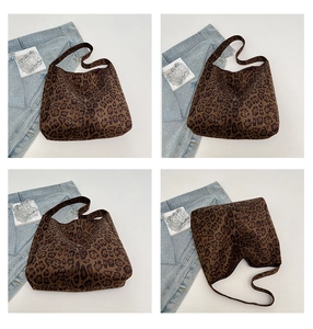 Detailed views of a large leopard print tote bag in brown faux fur with vintage retro style