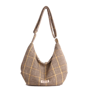 Retro large plaid canvas hobo shoulder bag with brown check pattern and wide strap
