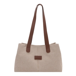 Large capacity canvas tote bag with brown faux leather straps for women's daily commute