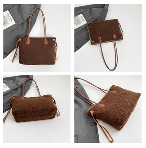 Detailed views of brown faux shearling tote bag showing front, back and leather straps