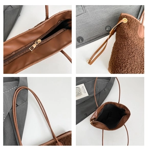 Detailed views of brown plush tote bag showing zipper, PU leather straps and interior