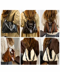 Detailed views of leopard print faux fur and leather backpack styles worn by a model