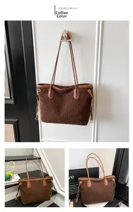 Close-up of coffee brown fuzzy tote bag featuring leather drawstring side details