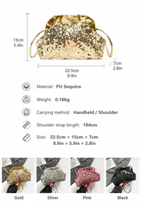 Detailed size chart and multi-color options for the sequined cloud shoulder bag