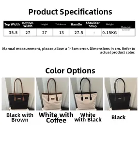 Size guide for nylon tote bag with upper width 35.5cm and color comparison chart