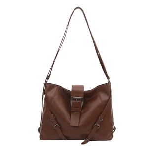 Large dark brown minimalist tote bag with retro buckle strap and soft PU leather finish
