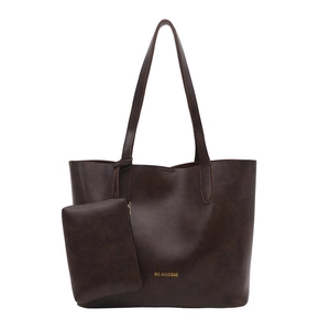 Large dark brown PU leather tote bag set with matching small pouch and golden lettering