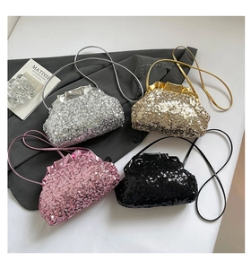 Close-up of sparkling sequin cloud bags in silver, gold, pink and black colors